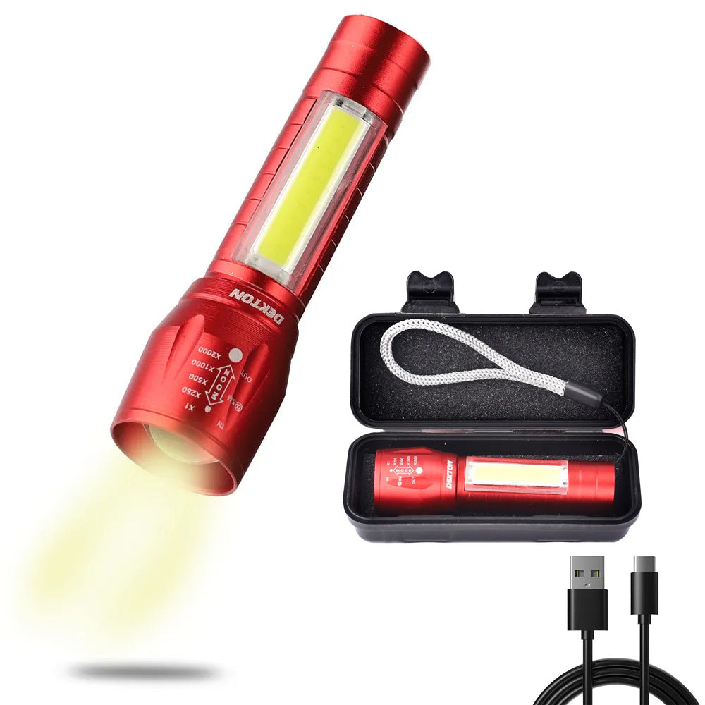 Mini LED Torch USB Rechargeable Flashlight COB Worklight Lamp Zoom Focus & Case