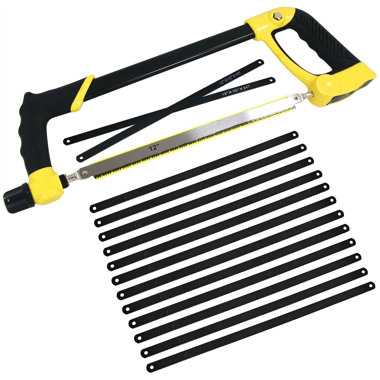 Heavy Duty 300mm Hacksaw + 15 x Carbon Steel Blades | 12" Hand Saw with Soft Grip Handles