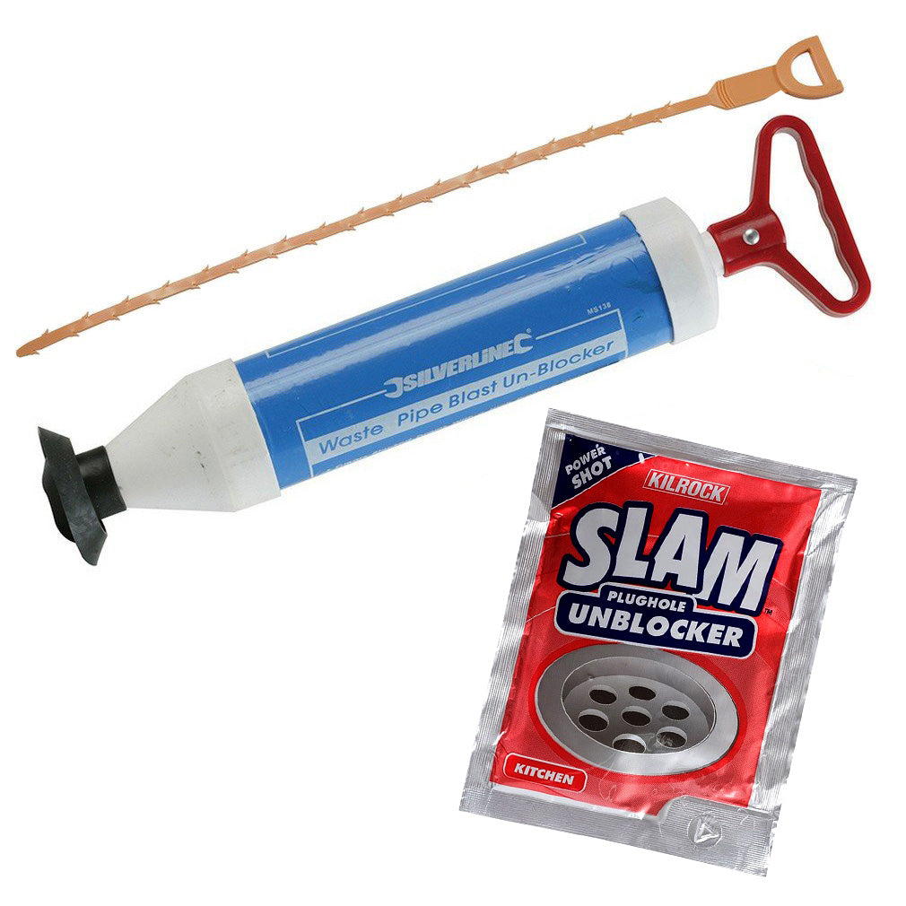 Sink Plunger Drain Pump Bath Toilet Waste Pipe Plughole Unblocker 3pc Tools Set
