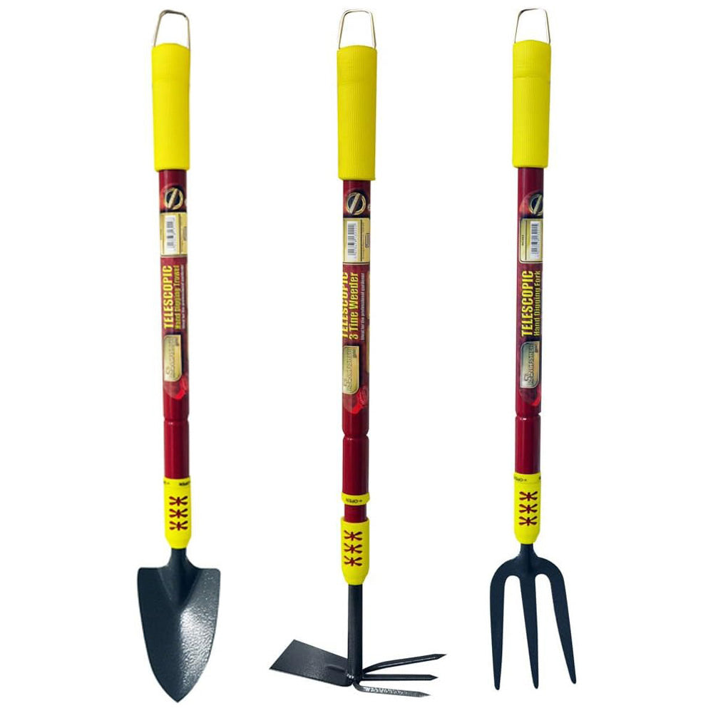3pc Telescopic Garden Hand Tools Set with Soft Grip Extending Handles | Fork, Trowel, Weeder & Hoe