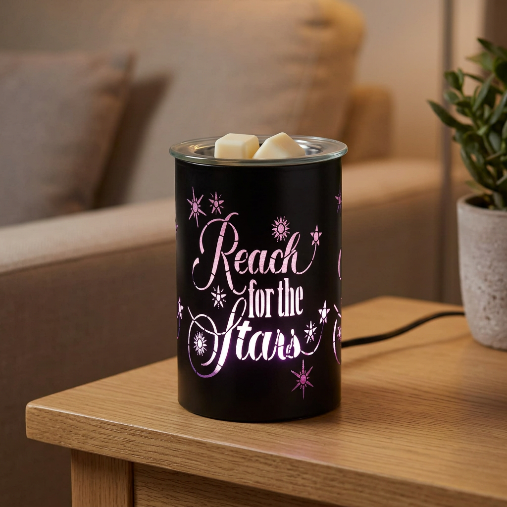 Reach for the Stars electric wax warmer with wax melts on an oak living room side table