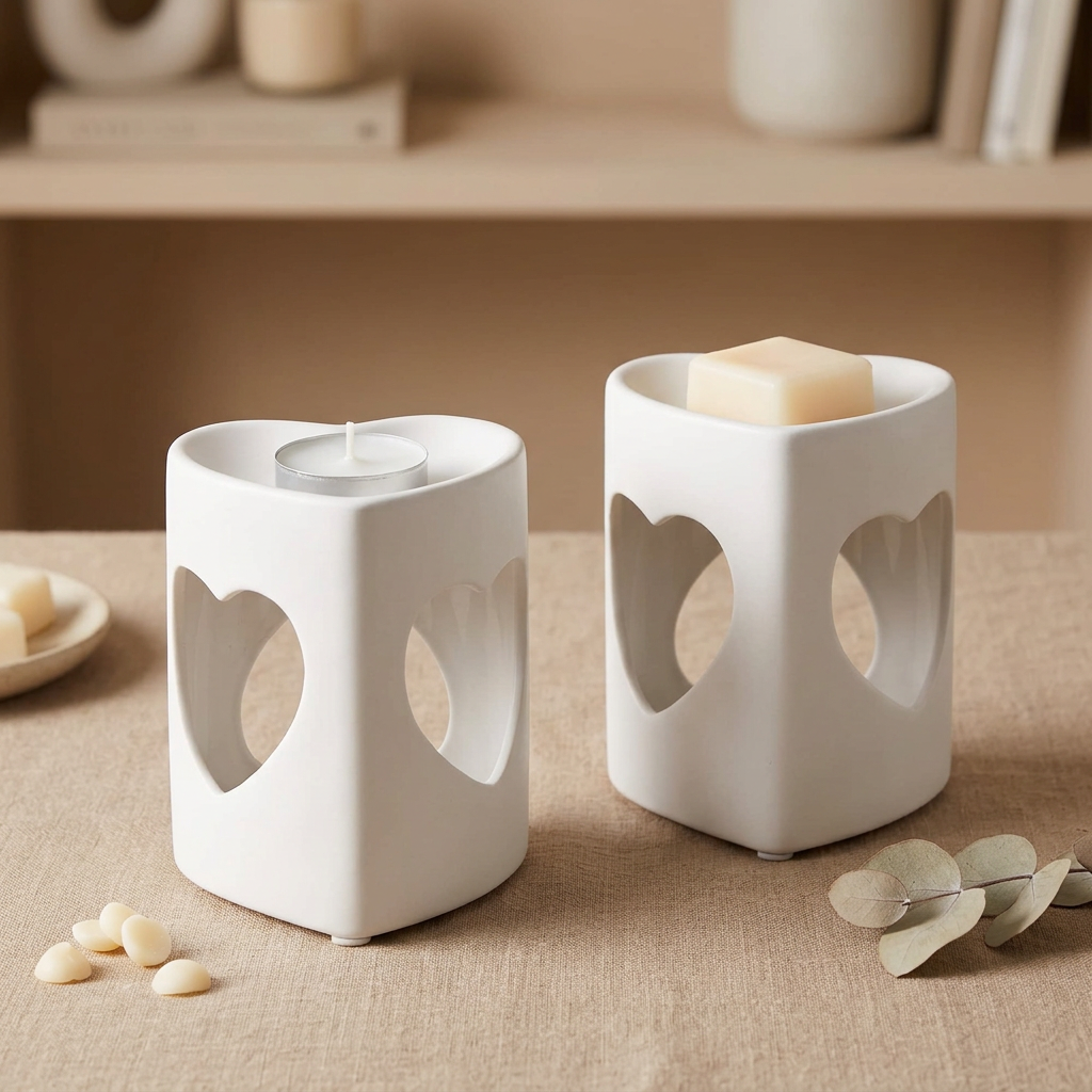 2 White Heart Tealight Wax Melt Warmers & Oil Burners with Candle & Melts