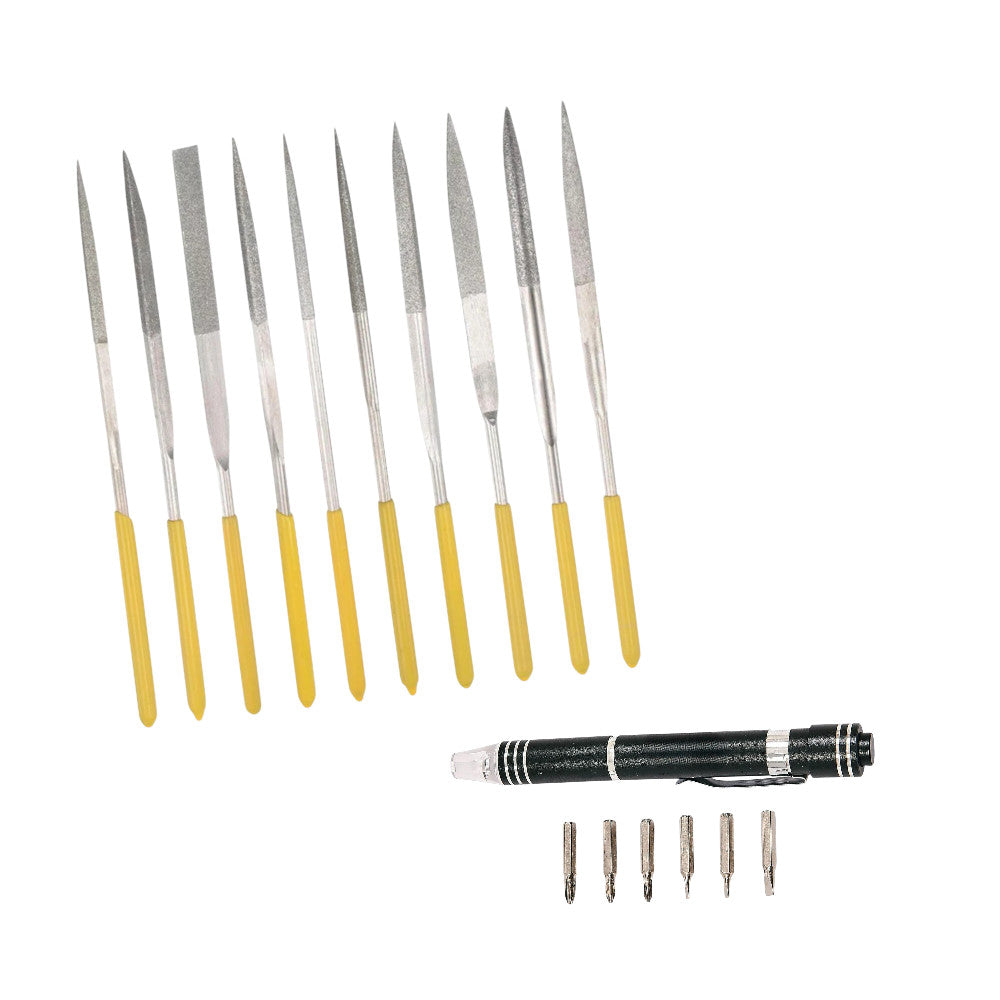 10 PC Diamond Needle File Assorted Precision Set With 6-in-1 Precision Screwdriver