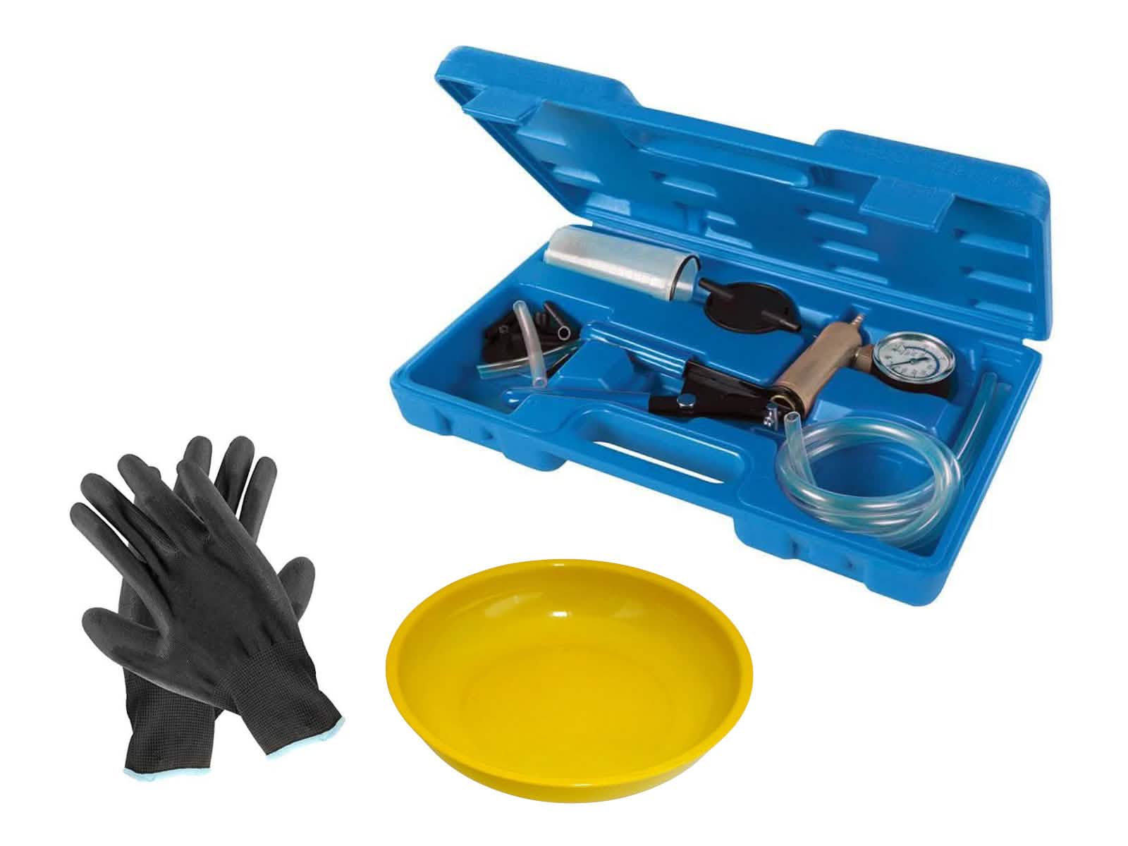16PC Vacuum Tester & Brake Bleeding Kit With Work Gloves & Yellow Magnetic Parts Dish Silverline 734801
