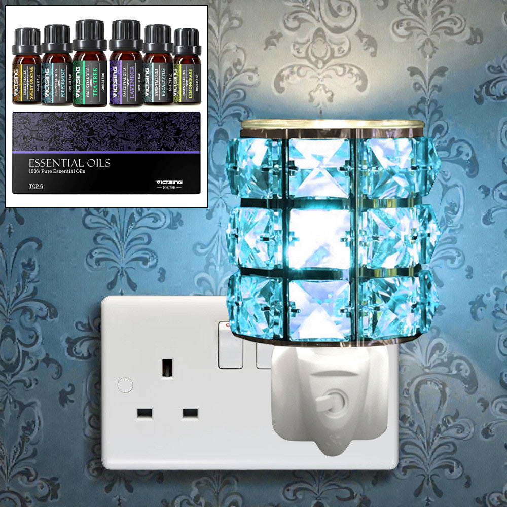Electric Oil Burner and Wax Warmer plus Pack of 6 Essential Oils | Blue Crystal Effect Plug-in Aroma Diffuser