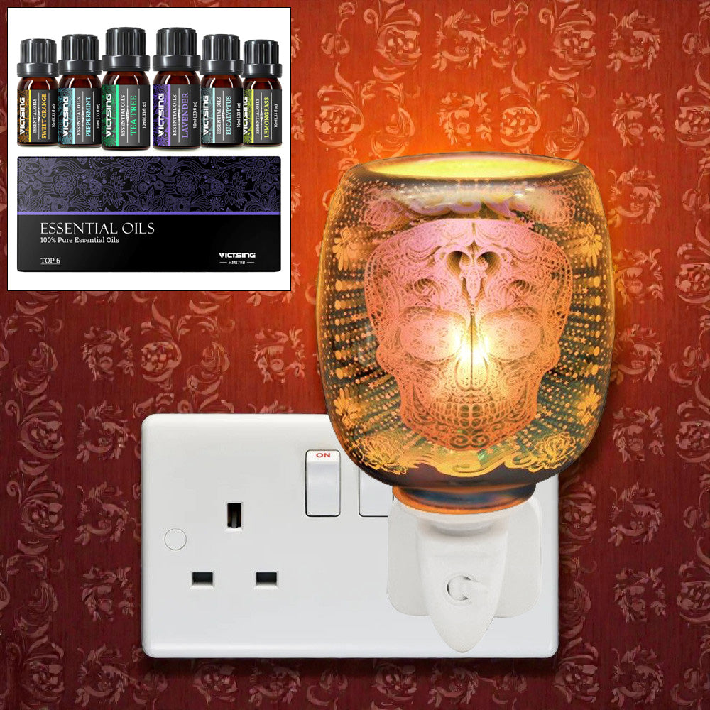 Electric 3D Skull Oil Burner and Scented Wax Warmer plus Pack of 6 Essential Oils | Plug-in Aroma Fragrance Diffuser