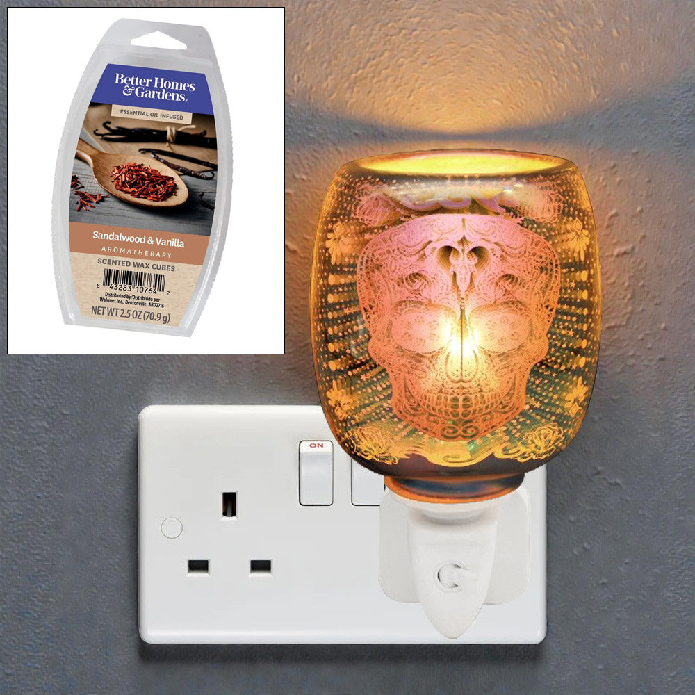 3D Skull Oil Burner and Scented Wax Warmer plus Sandalwood Wax Melts | Electric Plug-in Aroma Diffuser