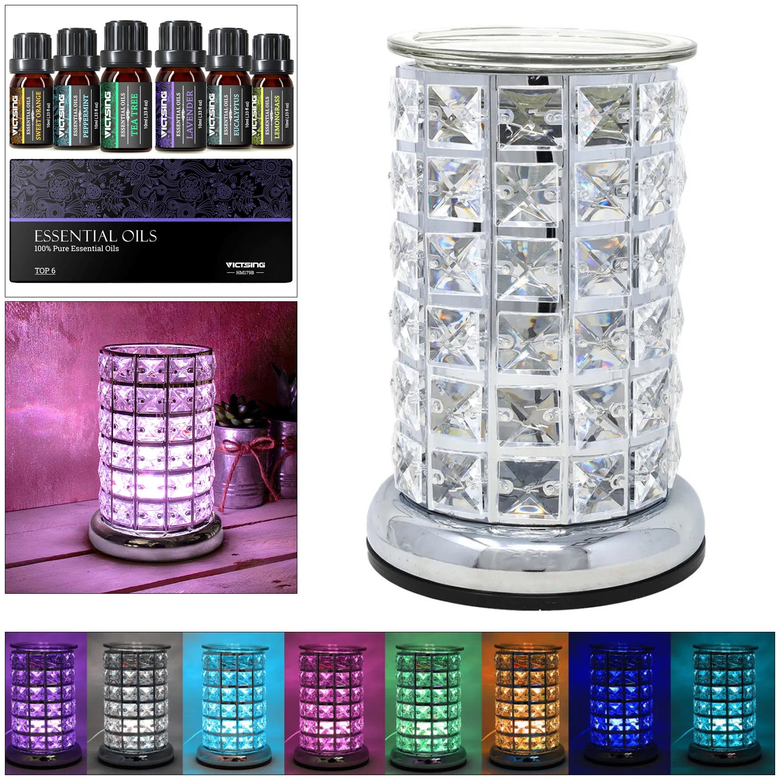 Oil Burner and Wax Melt Warmer plus 6 Assorted Essential Oils | Colour Changing LED Aroma Diffuser Lamp
