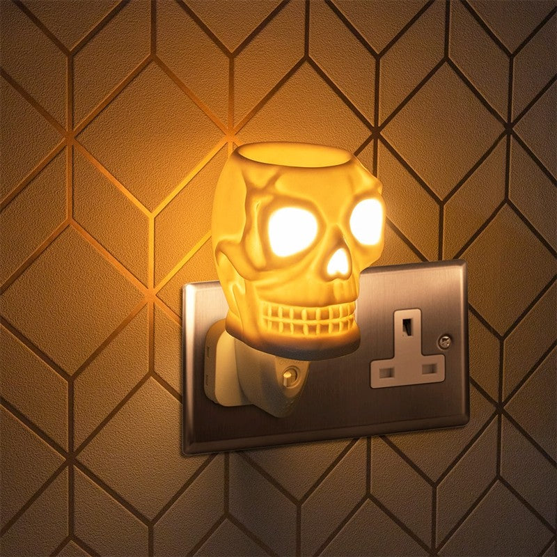 Ceramic Skull Oil Burner & Wax Warmer plus 6 Assorted Essential Oils | Electric Plug-in Aroma Fragrance Diffuser