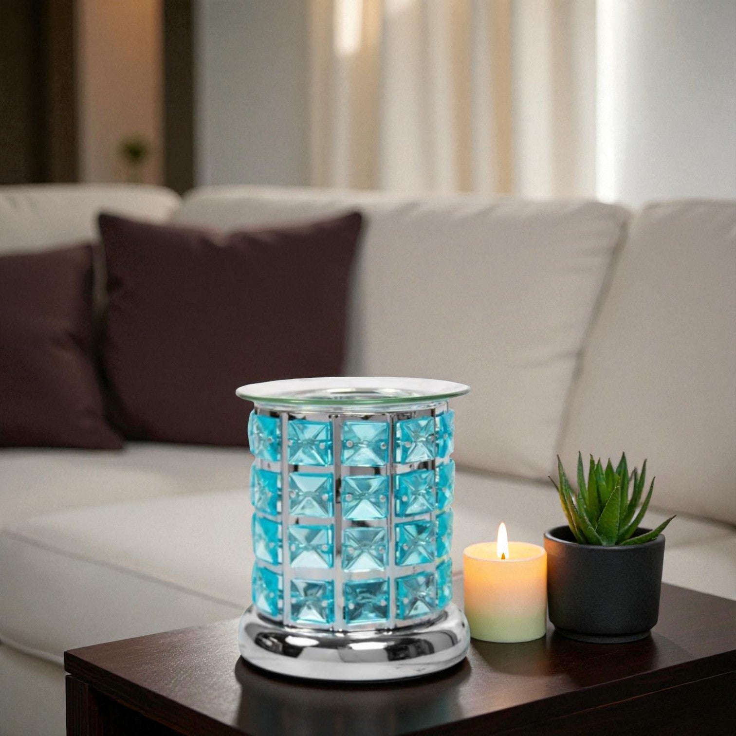 Aroma Tea Light Oil Burner and Wax Melter | Teal Crystal Effect Fragrance Diffuser