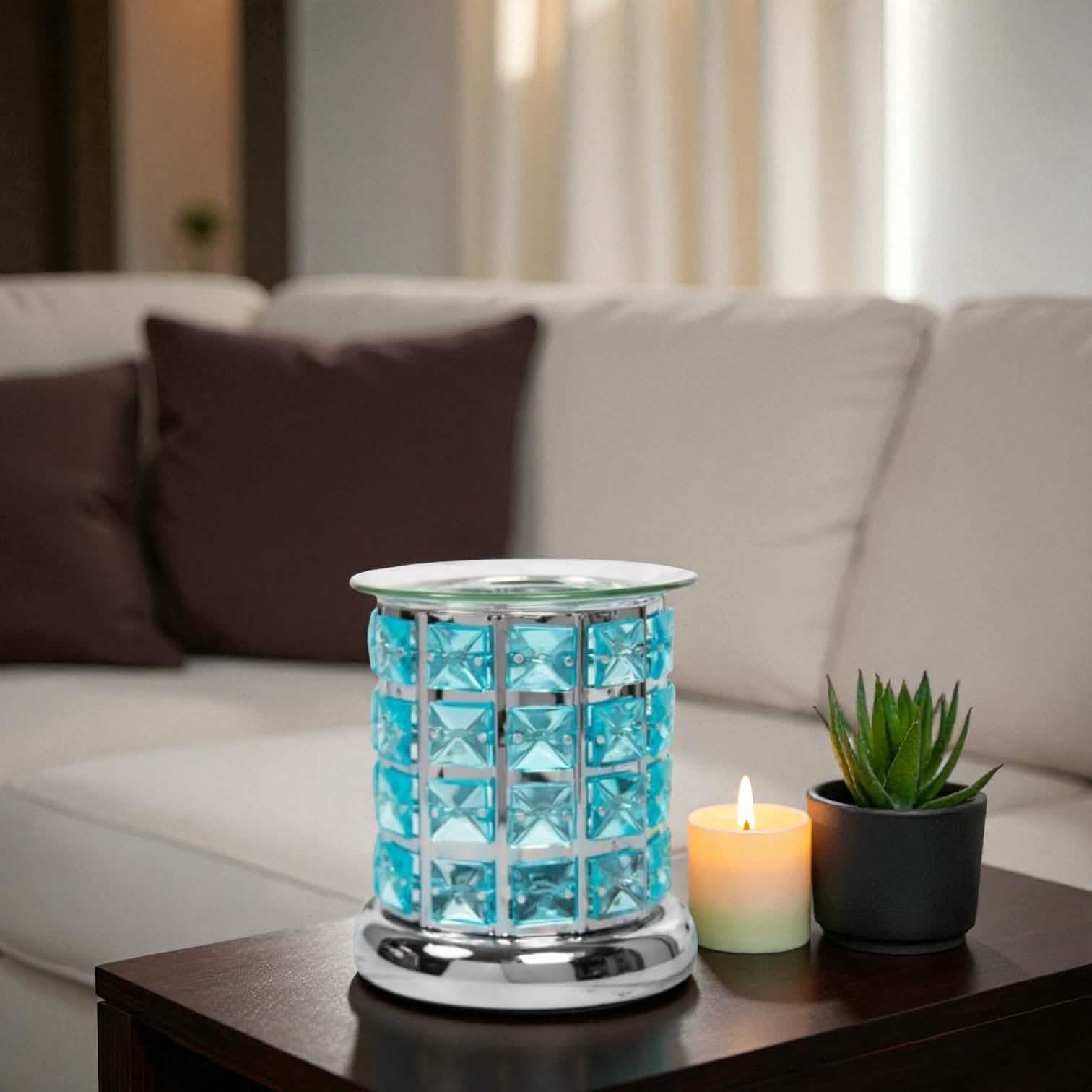 Aroma Tea Light Oil Burner and Wax Melter | Teal Crystal Effect Fragrance Diffuser