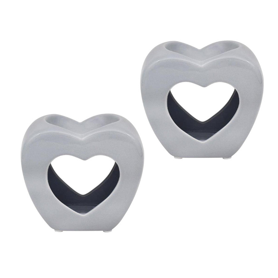 Set Of 2 Grey Heart Shape Tea Light Wax Melt Warmer Oil Burner