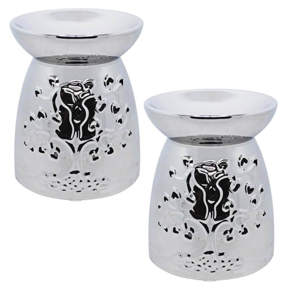 Tea Light Wax Melt Warmer Oil Burner - Tree Of Life - Silver - 2 PACK