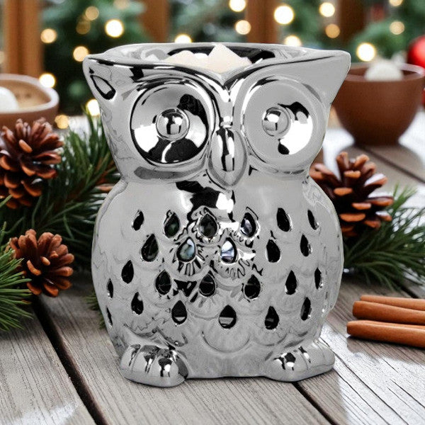Silver Owl Tea Light Scented Wax Melt Warmer & Essential Oil Burner | Tealight Candle Holder