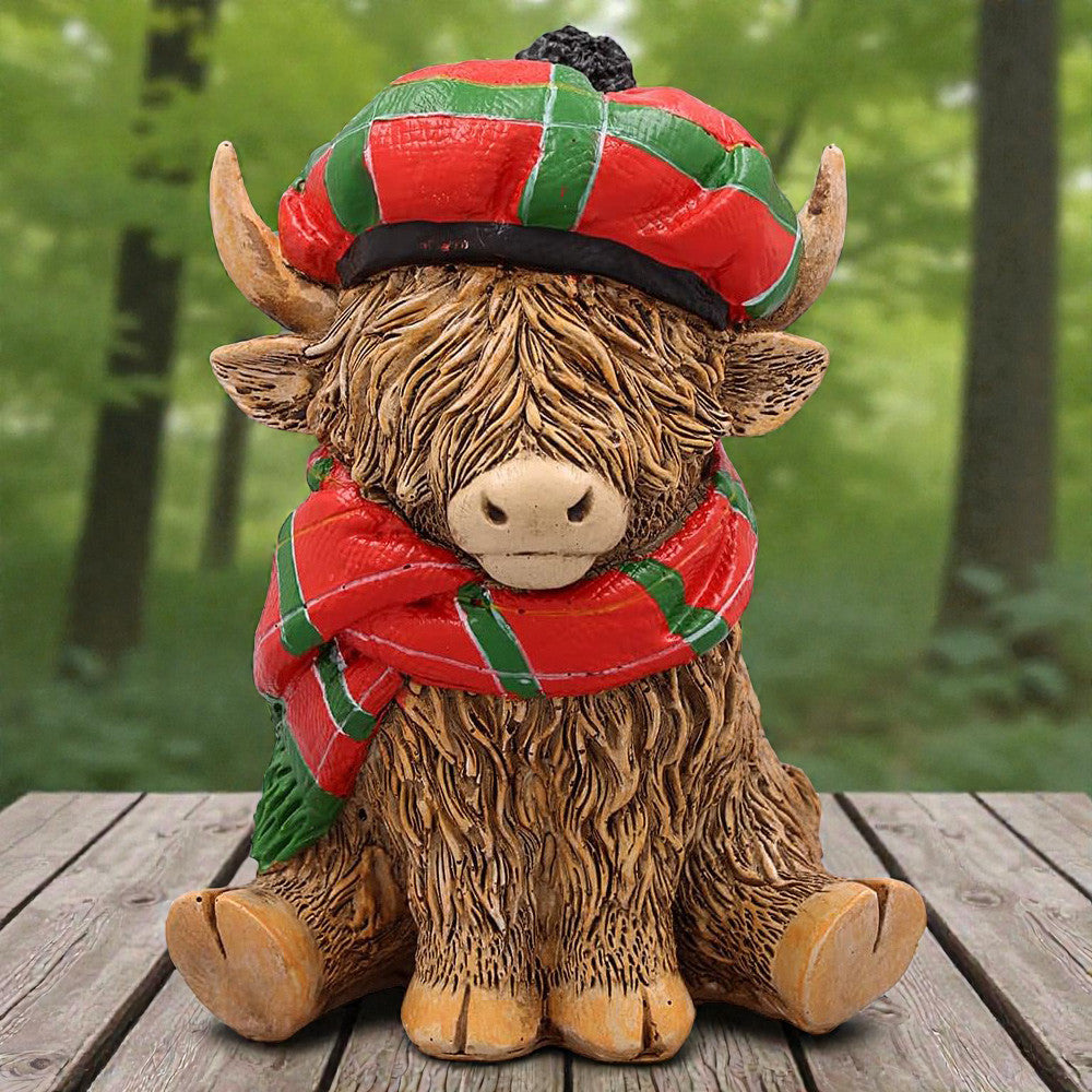 Happy Highland Cow with Tartan Hat & Scarf Figurine Ornament | Scottish "Heilin' Coo" Gift Idea
