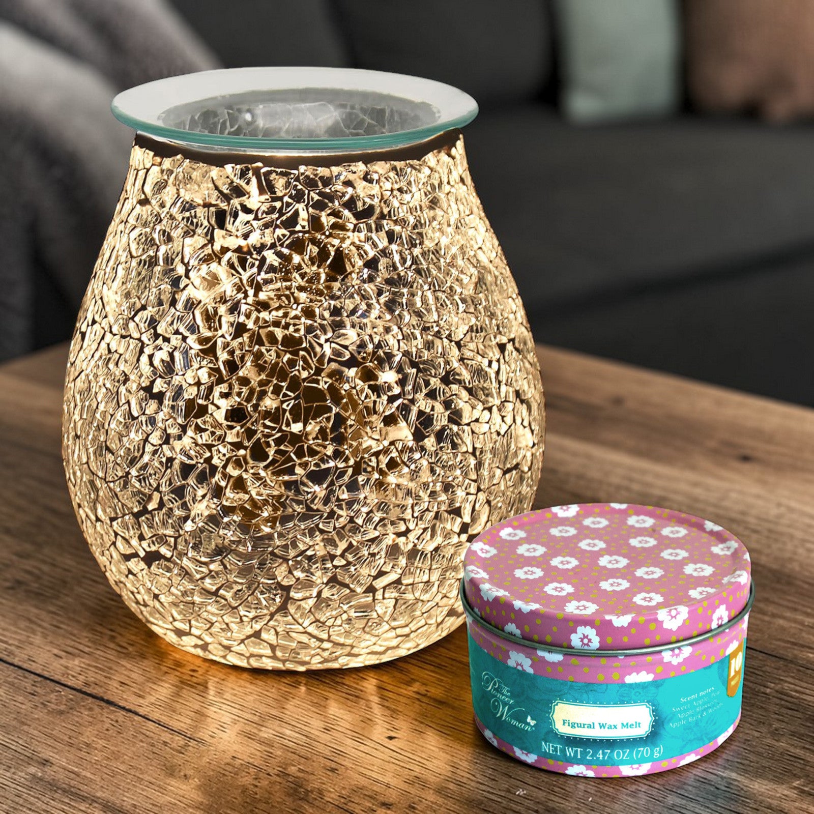 Wax Tart Warmer and Oil Burner Aroma Diffuser plus Scented Wax Melts | Silver Crackle Mosaic Design