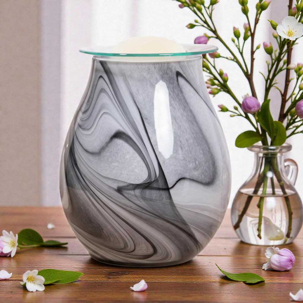 Electric Wax Tart Warmer and Oil Burner plus Scented Wax Melts | Grey Swirl Marble Effect Aroma Fragrance Diffuser