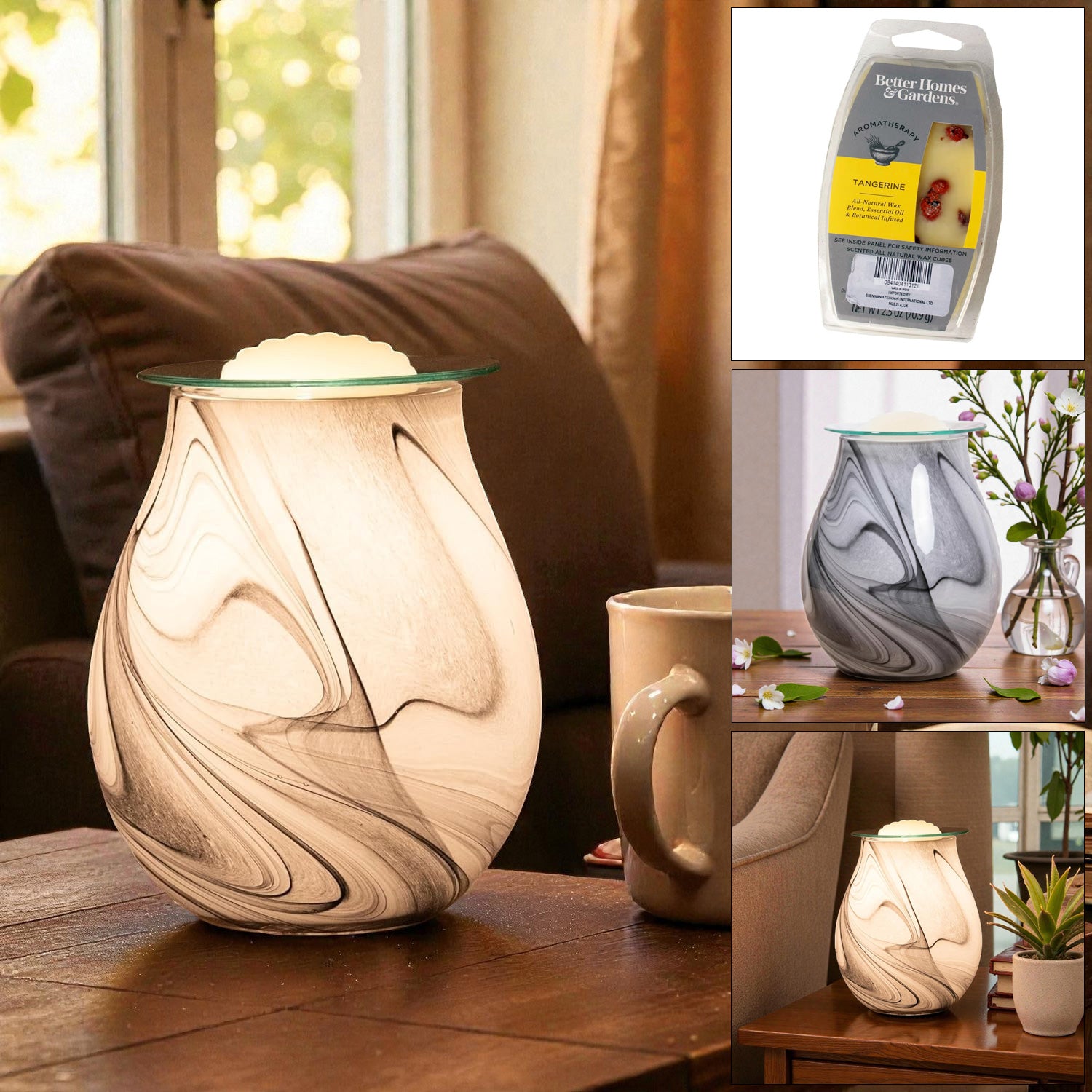 Electric Wax Tart Warmer and Oil Burner plus Tangerine Wax Melts | Grey Swirl Marble Effect Aroma Fragrance Diffuser