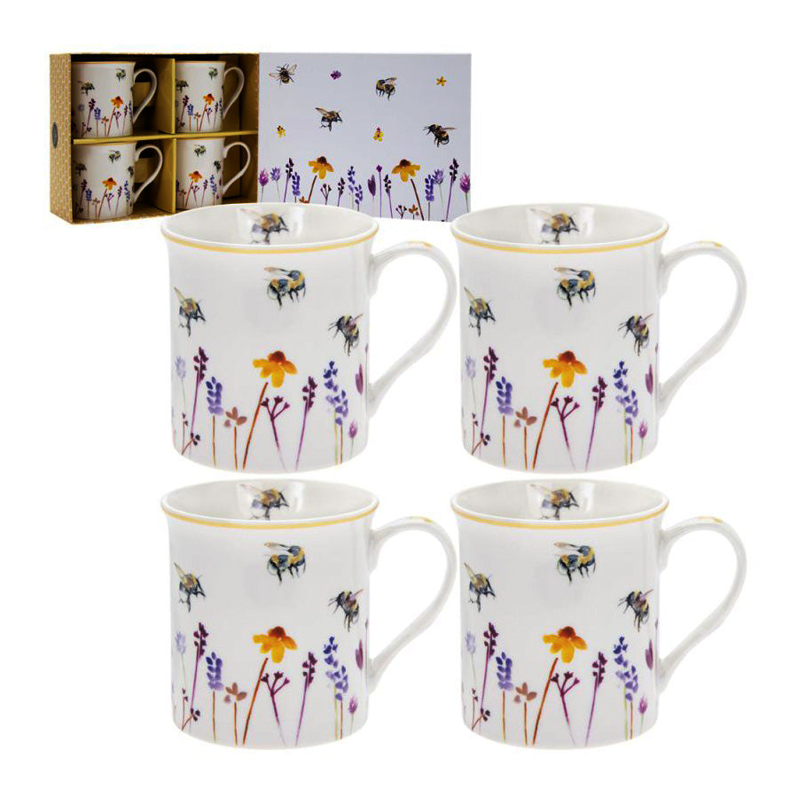 Set of 4 Fine China Mugs for Coffee or Tea | Busy Bees Design by Jennifer Rose & Gift Box