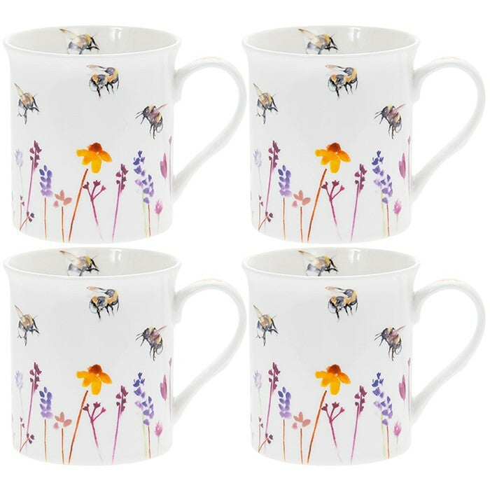Set of 4 Fine China Mugs for Coffee or Tea | Busy Bees Design by Jennifer Rose & Gift Box