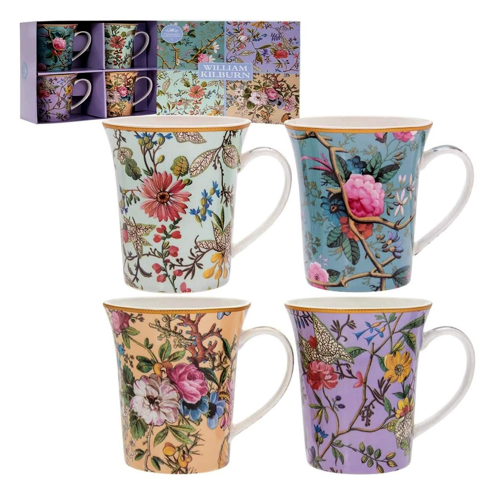 Set of 4 Mugs Coffee Tea Fine China Floral Collection & William Kilburn Gift Box