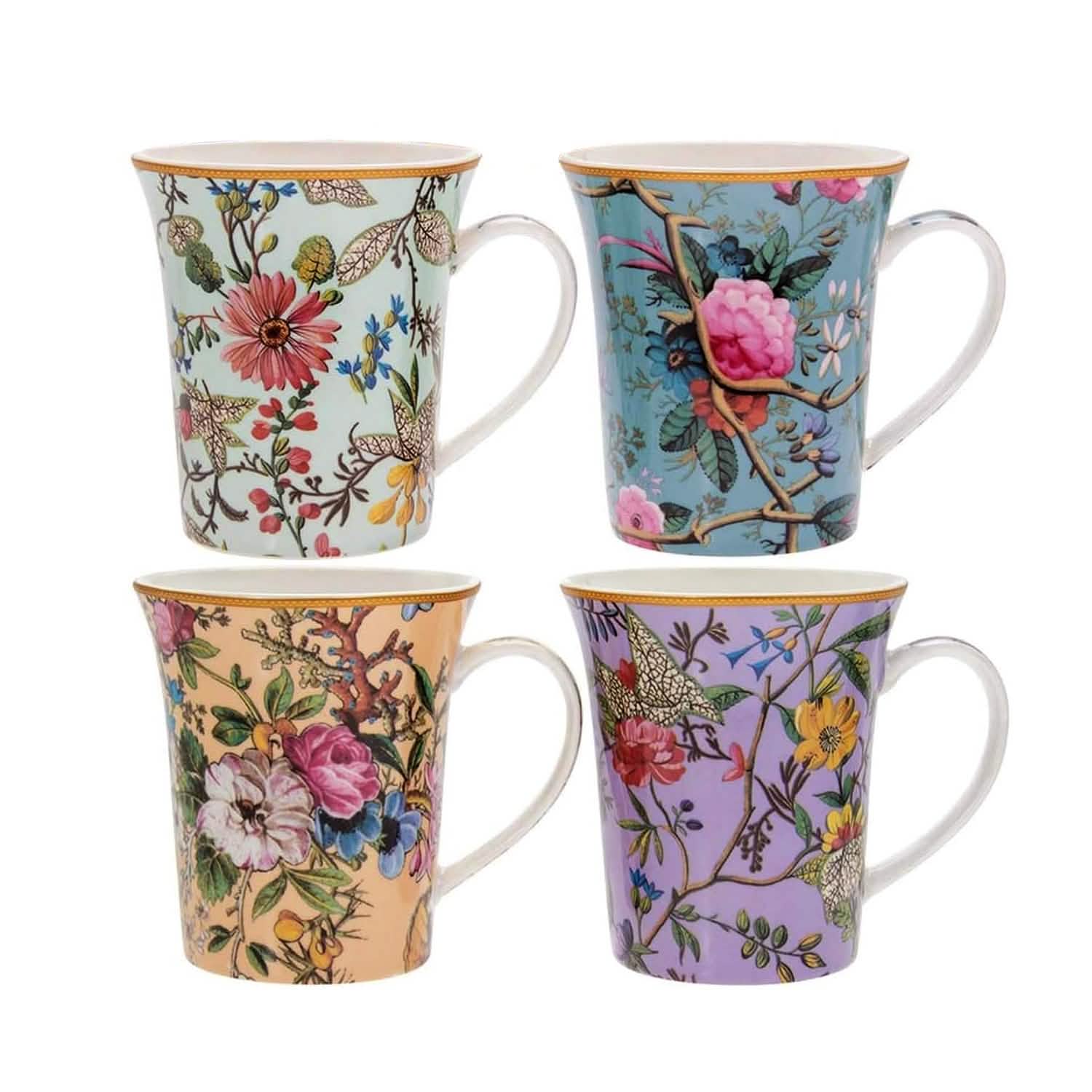 Set of 4 Mugs Coffee Tea Fine China Floral Collection & William Kilburn Gift Box