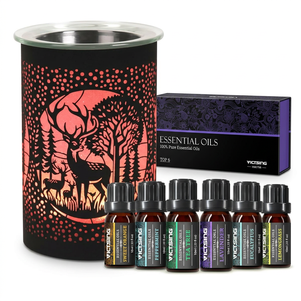 Main product image with deer wax warmer and six essential oils