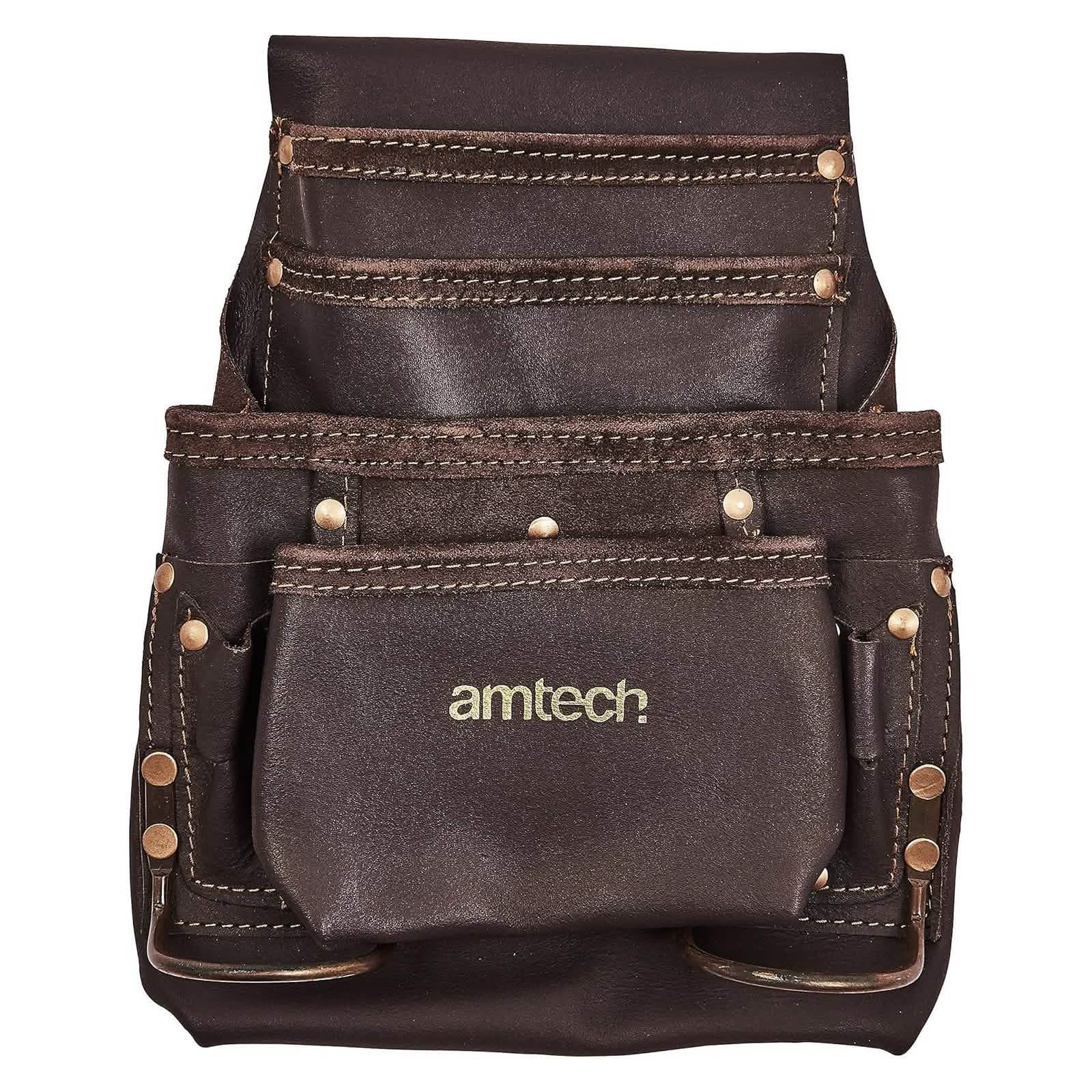 Amtech Heavy Duty 4 Pocket Leather Tool Pouch with 2 Hammer Loops