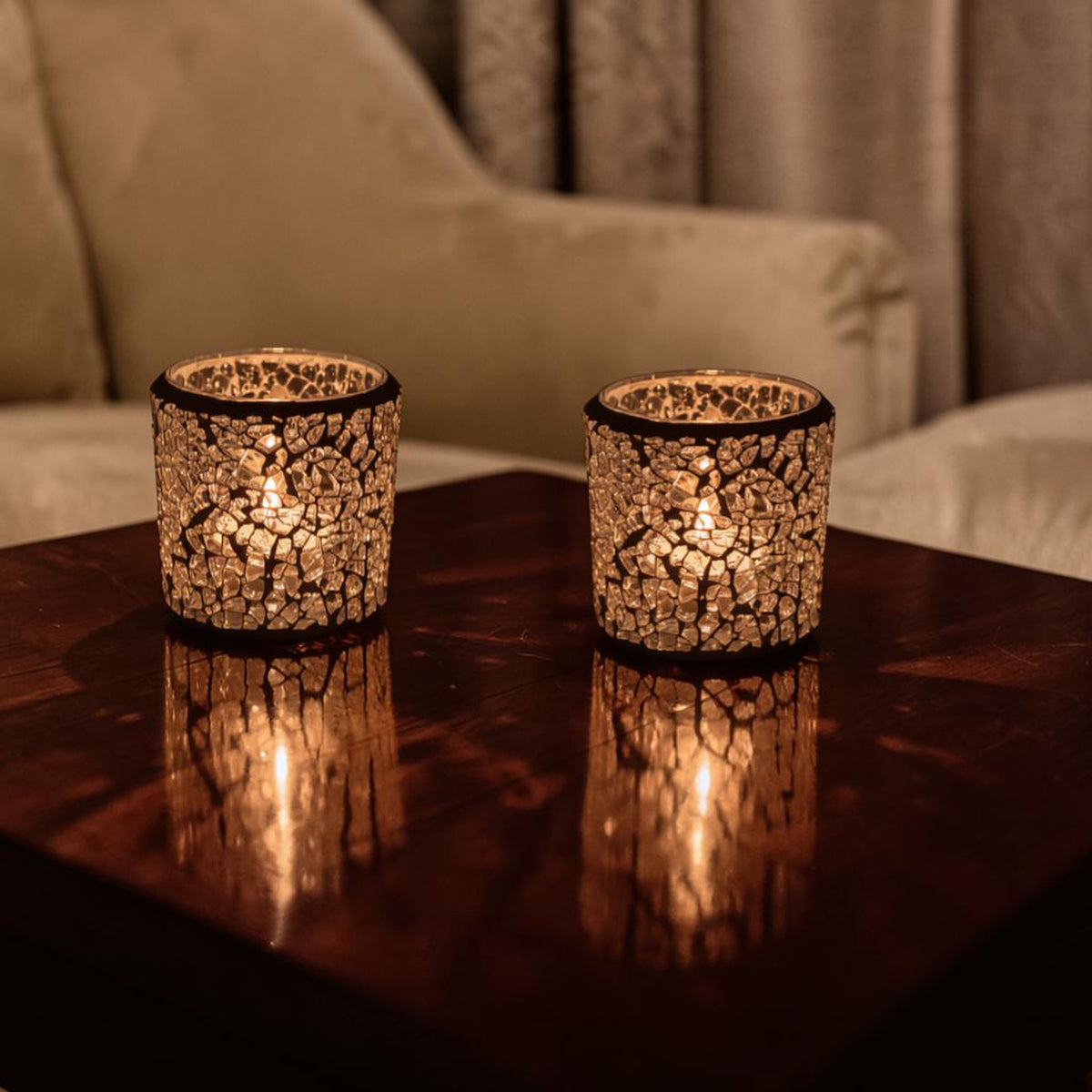 2 Pack - Tea Light Holder Silver Crackle Glass