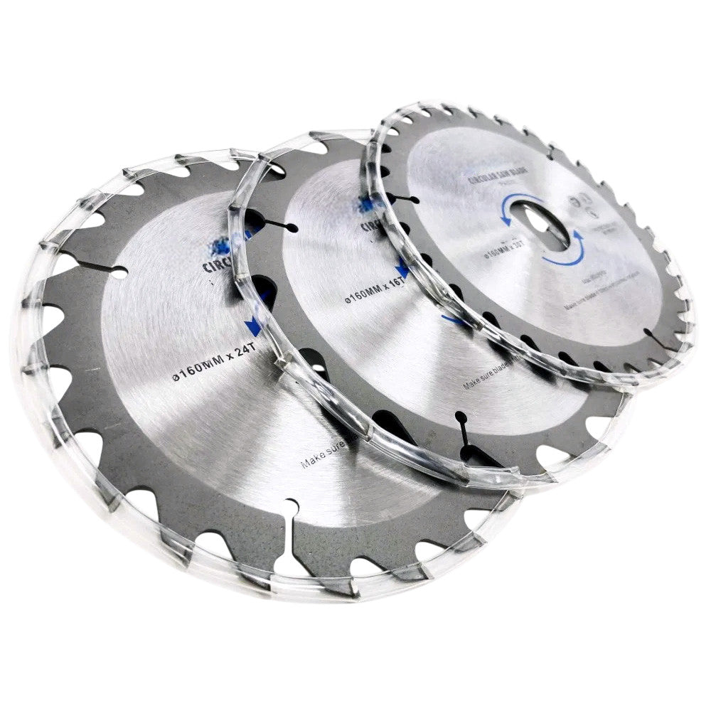 3pc 160mm TCT Circular Saw Blades | 16, 24 & 30tpi | 30mm Bore + 16mm & 20mm Adapters