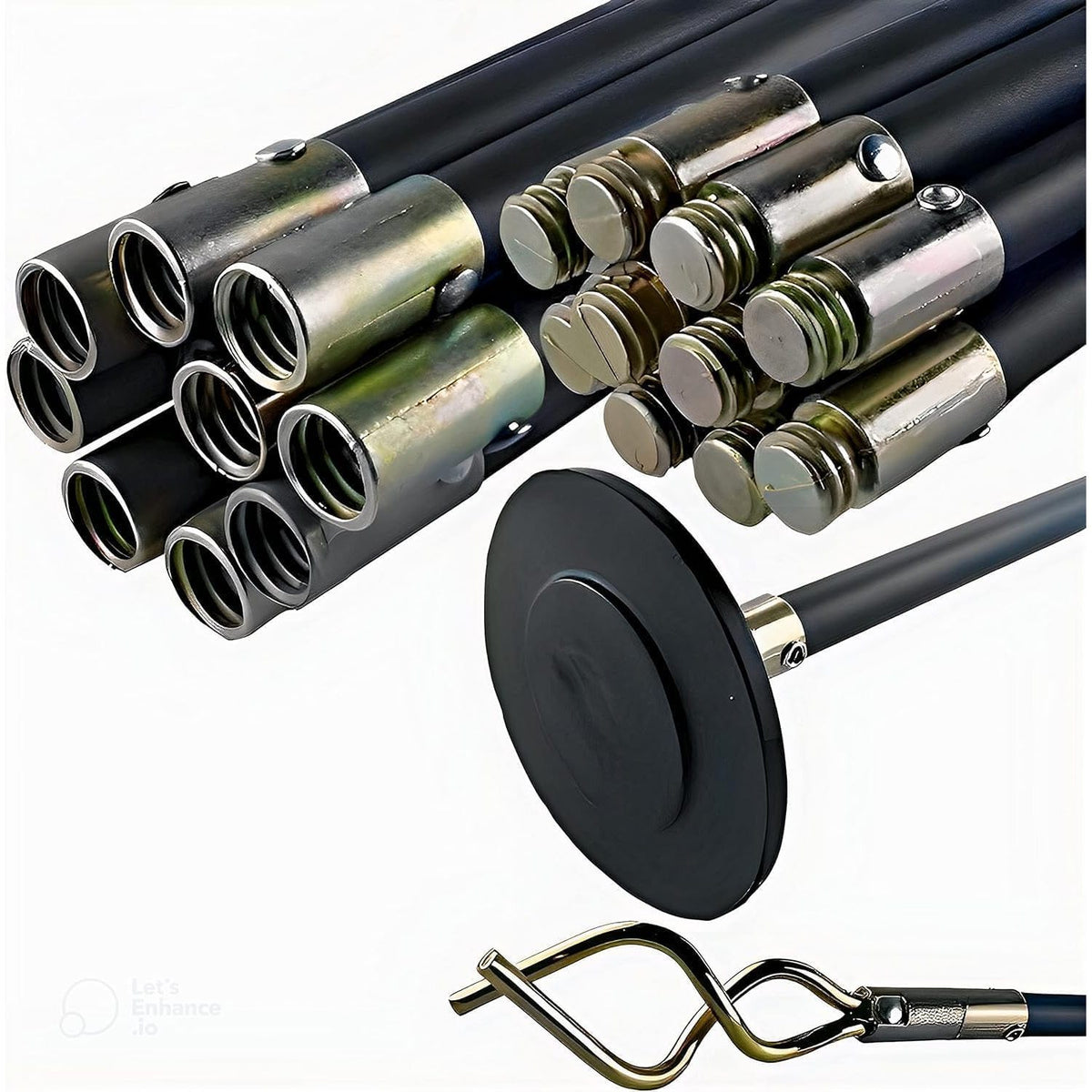 12Pce Drain Rod Set with 100mm Plunger & Double Worm Screw (170mm High x 60mm Diameter) - 9m Total Length