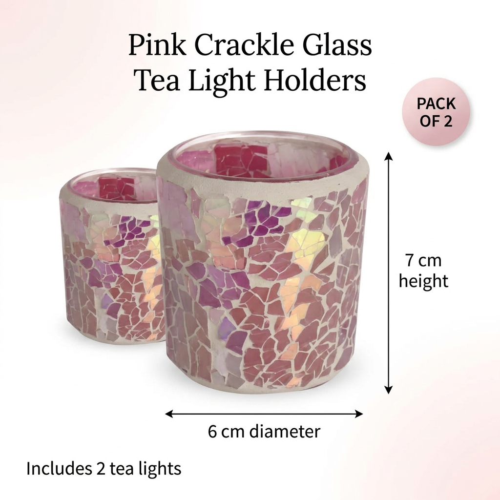 Pink crackle glass tea light holder infographic with 7 cm height and 6 cm diameter