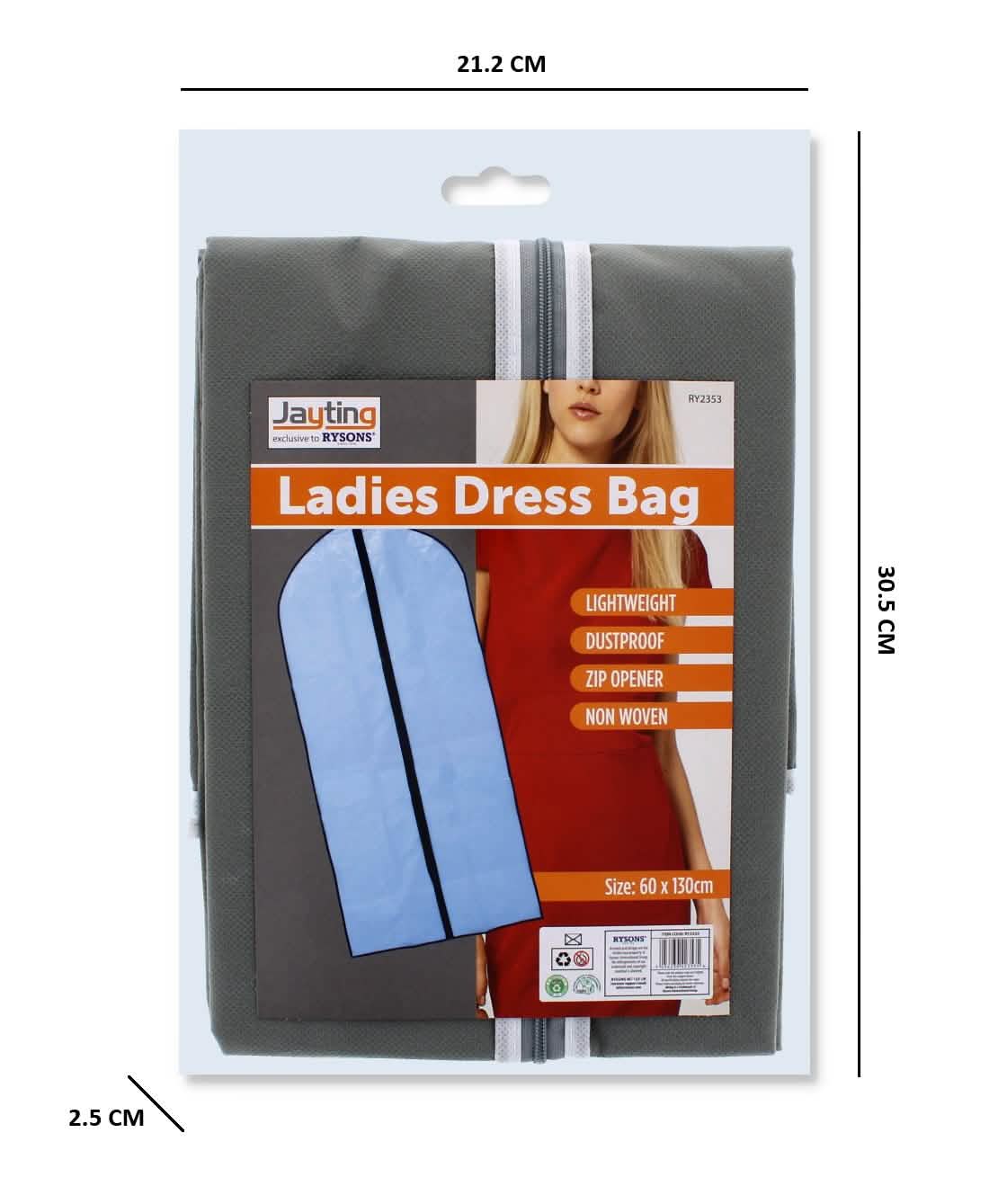 Ladies Dress Bag with Zip Non Woven Lightweight Clothes Protector - 60 x 130cm