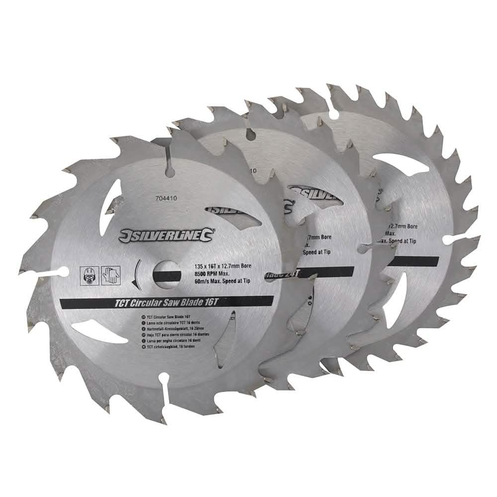 Silverline 135 X 12.7 - 10mm Ring Tct Circular Saw Blades 16, 24, 30t 3pk 704410 Silverline