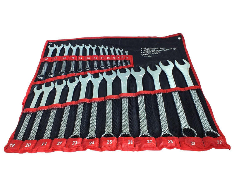 tooltime 25Pc Drop Forged Metric 6-32Mm Combination Spanner Wrench Set Open & Ring + Roll