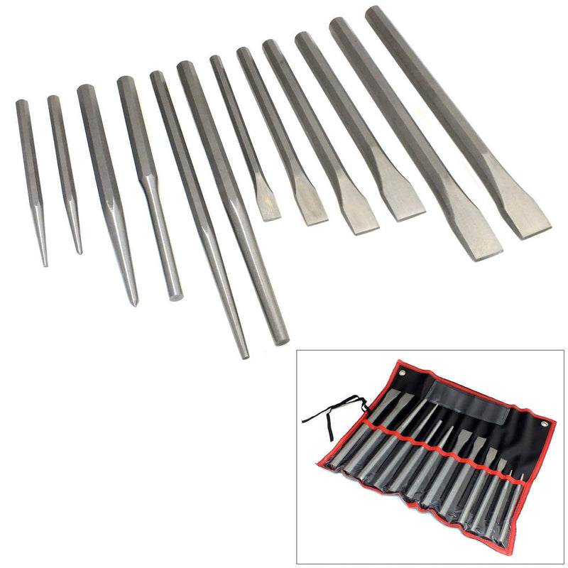 tooltime Chisels & Punches 12Pc Cold Punch & Chisels Set + Storage Roll Centre Taper & Parallel Pin Punches