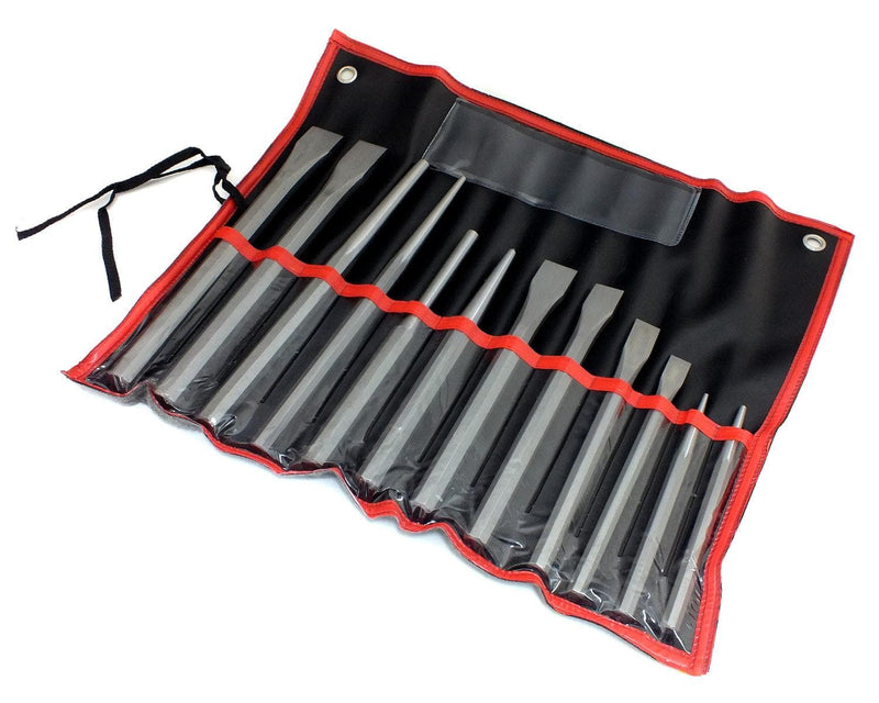 tooltime Chisels & Punches 12Pc Cold Punch & Chisels Set + Storage Roll Centre Taper & Parallel Pin Punches