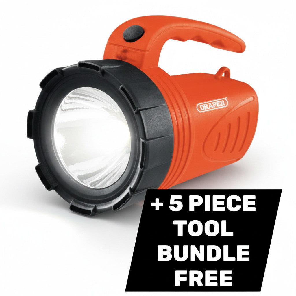tooltime.co.uk Draper 3W rechargeable orange spotlight torch with free 5-piece tool bundle set