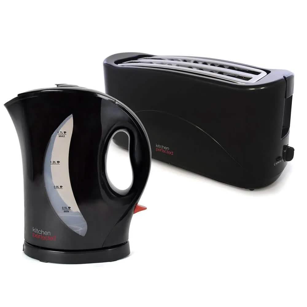 tooltime Kettle and Toaster Set Premium Black 2Kw Fast Boil 1.7L Cordless Jug Kettle & 4 Slice Toaster Set