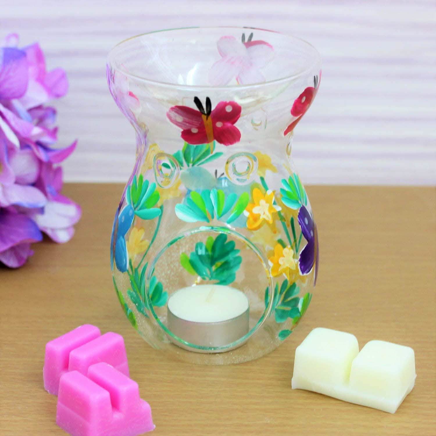 tooltime oil warmer Luxury Glass Round Wax Melt Warmer Oil Burner Tea Light Aroma Butterflies