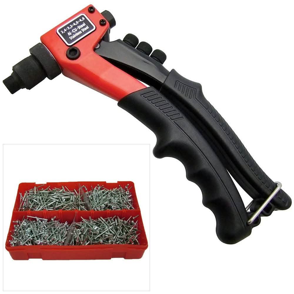 tooltime Rivet Pliers PRO TRADE HAND POP RIVETER RIVETING TOOL + 1000 ASSORTED RIVETS + 4 NOZZLE HEAD