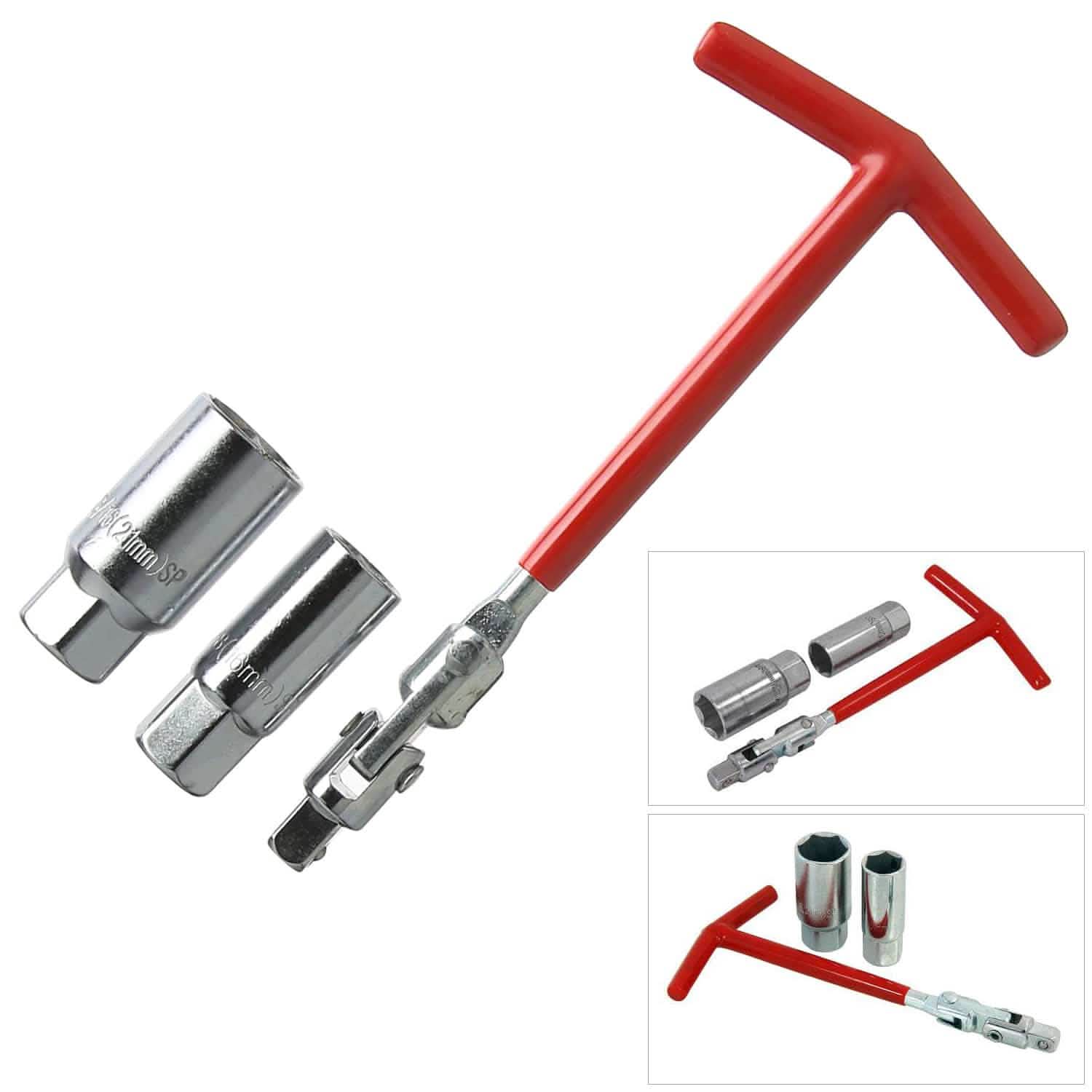 tooltime Spark Plug Sockets Spark Plug Wrench Set 3pc Flexible T-Handle Removal Tool 3/8" 16 + 21mm Sockets