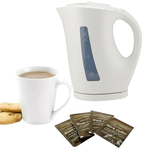 tooltime.co.uk 1.7L black cordless electric kettle with water level indicator, next to a white mug of coffee and cookies.