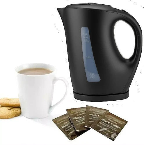 tooltime.co.uk 1.7L black cordless electric kettle with water level indicator, next to a white mug of coffee and cookies.