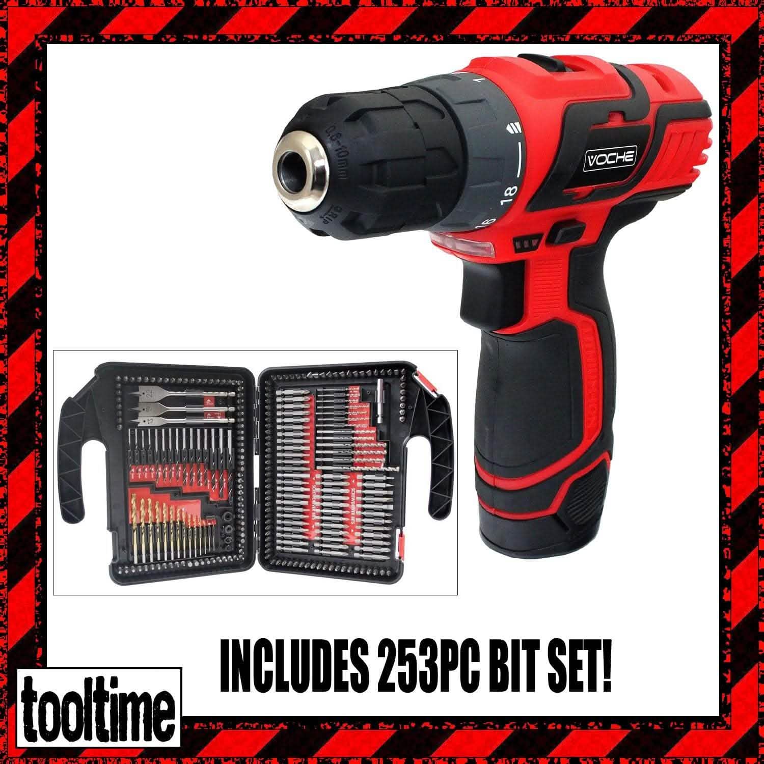 Voche Voche® 12V Li-Ion Rechargeable Cordless Drill Driver Fast Charger +253Pc Bit Set