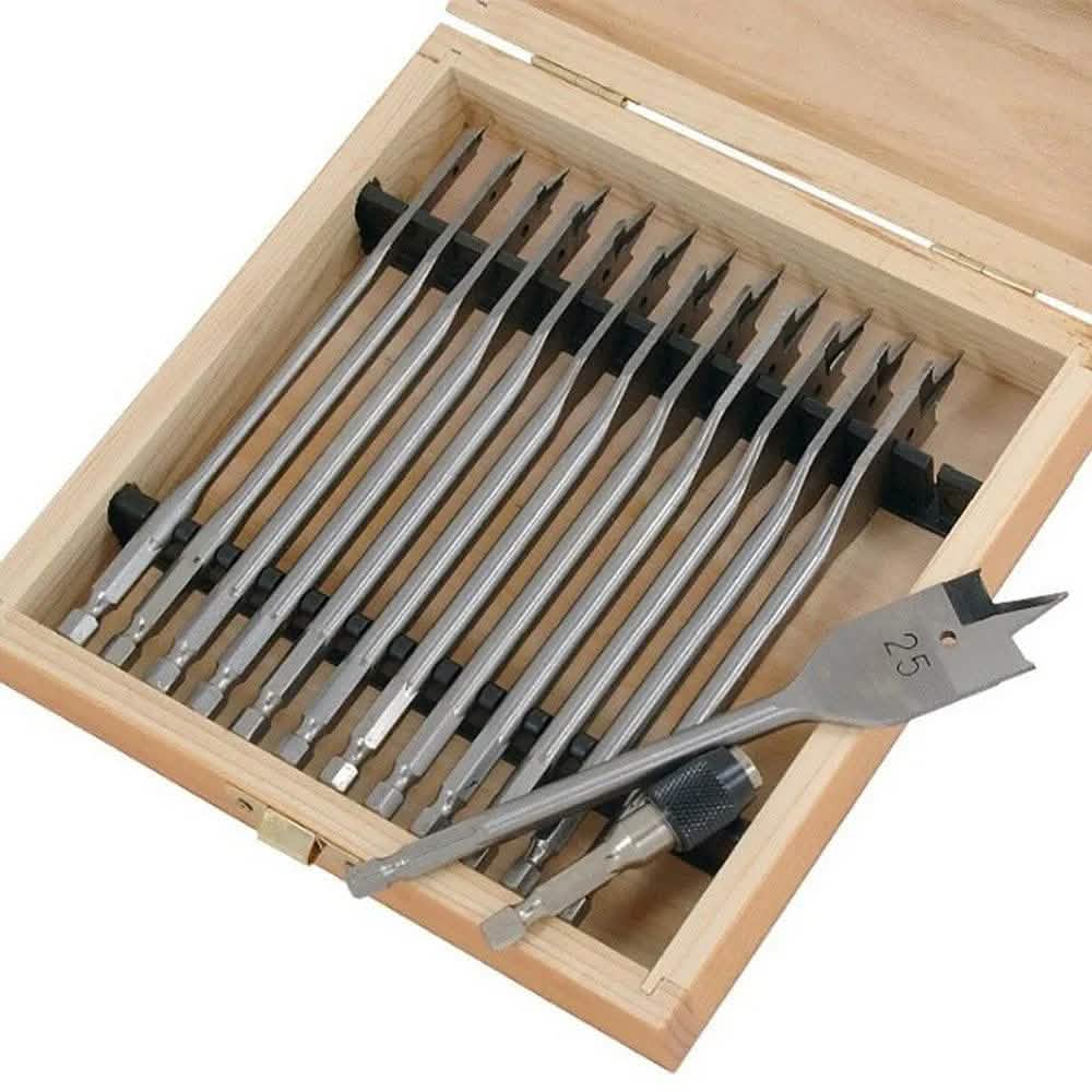 thumbnail image 2 of 14-Piece Flat Spade Wood Drill Bit Set - 6-25mm, Hex Shank, 150mm Long, With Case & Adaptor 2 of 4