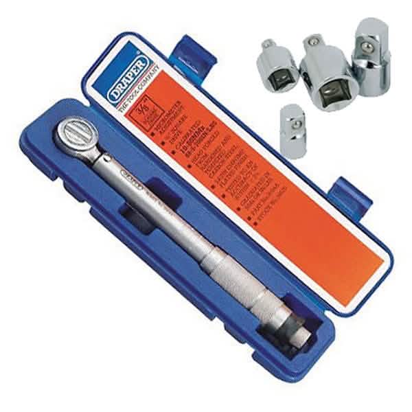 Draper 3/8" Dr Ratchet Torque Wrench + Case + Certificate + 4Pc Adaptors