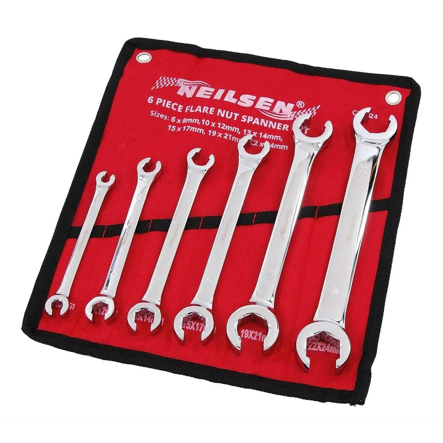 6pc Flare Nut Spanners Set 6-24mm Open Ended Brake Pipe Wrenches + Storage Roll - tooltime.co.uk