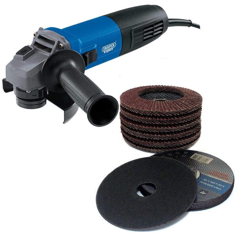 Electric Angle Grinder +16 Cutting & Grinding Flap Discs 115mm 850W Draper 83605 - tooltime.co.uk