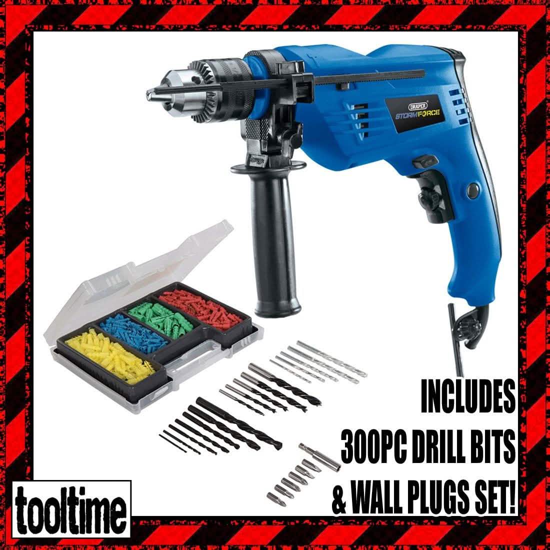 Draper 500W Variable Speed Electric Hammer Drill C/W 300Pc Bits & Wall Plugs Set